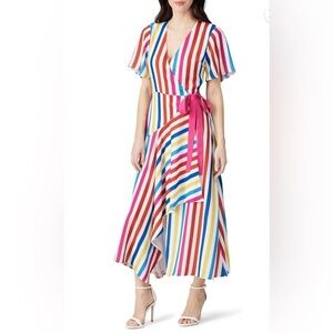 Color Me Courtney Taira Wrap Dress Maxi Rainbow Vertical Stripes women’s Sz Sml